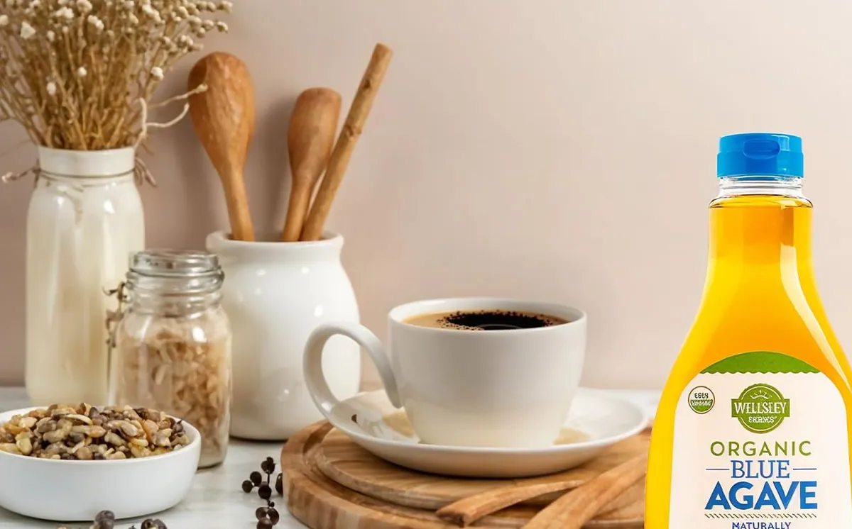 A cup of coffee on a kitchen counter beside a bottle of Wellsley Farms Organic Blue Agave