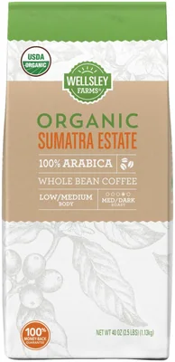 Wellsley Farms Organic Sumatra Estate Whole Bean Coffee, 40 oz bag