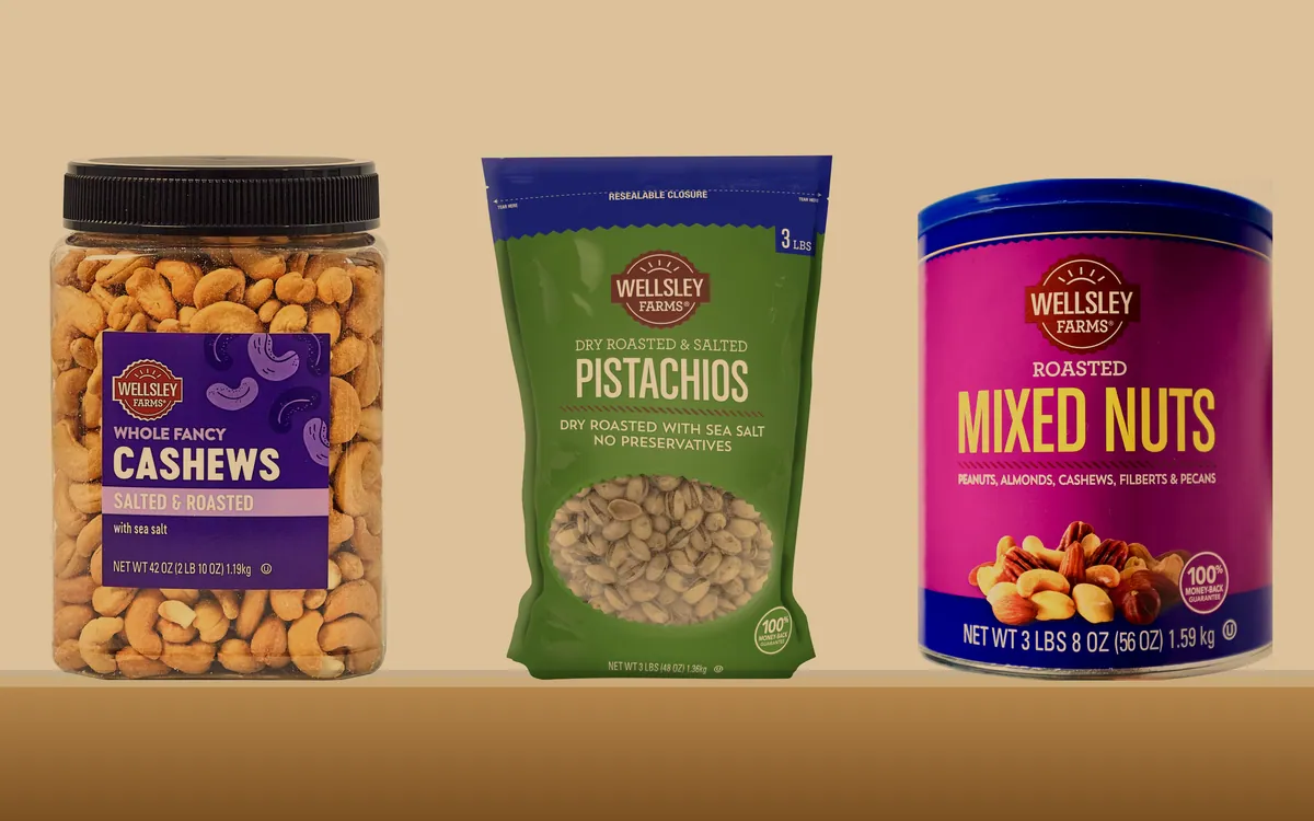 Wellsley Farms cashews, almonds and pistachios standing on a pantry shelf