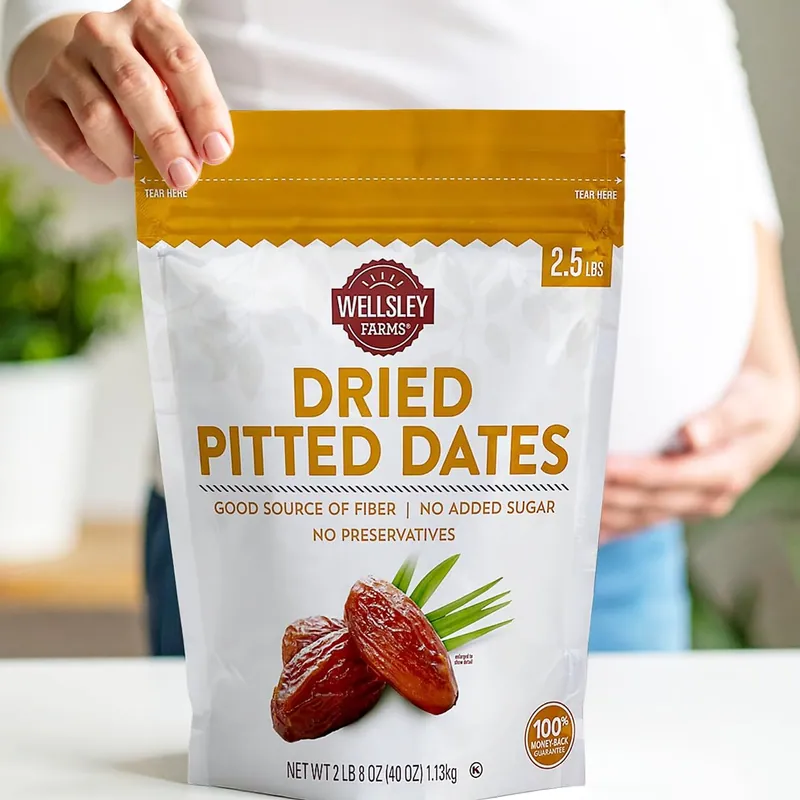 Hand opening a bag of Wellsley Farms Dried Pitted Dates
