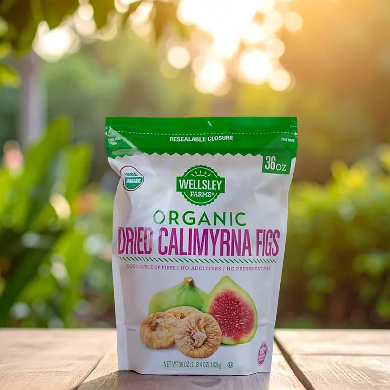 Bag of Wellsley Farms Organic Dried Calimyrna Figs on a garden table