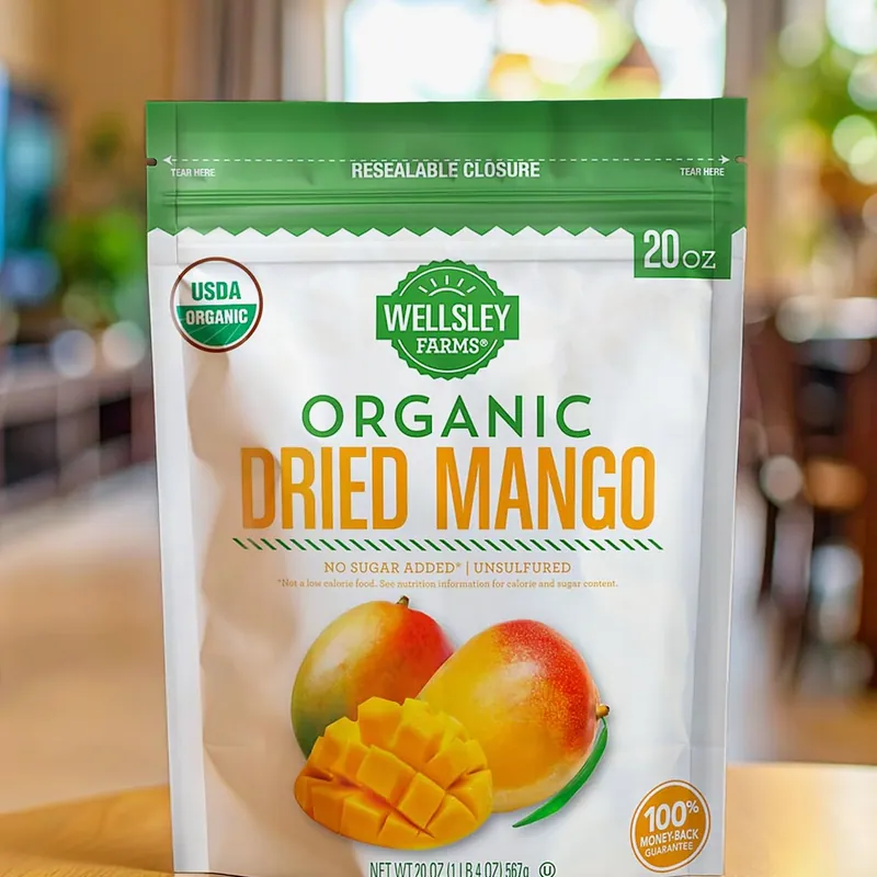 Bag of Wellsley Farms Organic Dried Mango on a kitchen counter