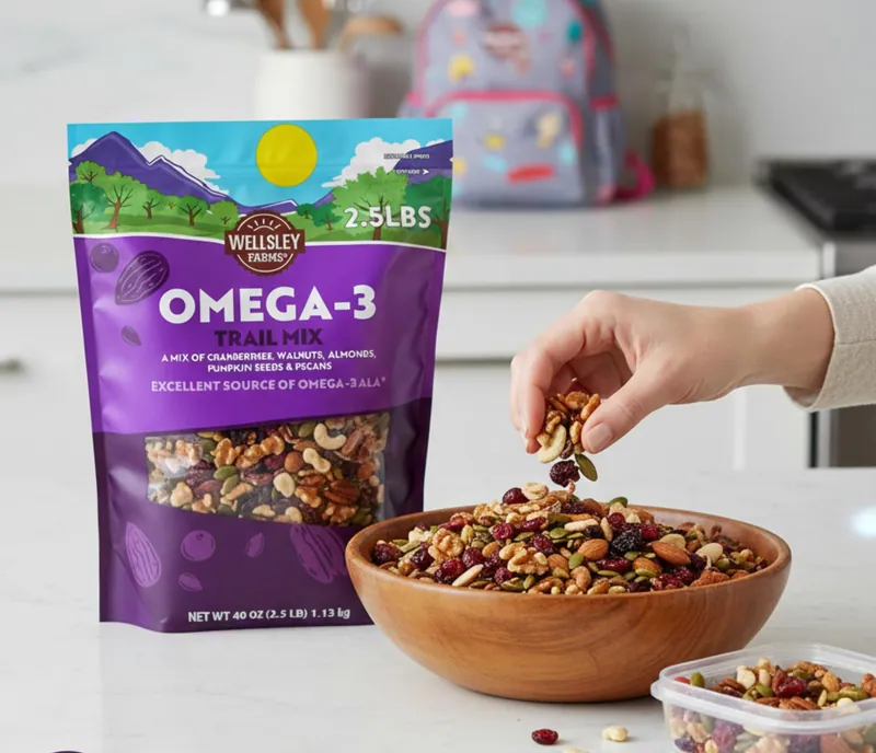 Wellsley Farms Omega-3 Trail Mix poured from the bag into a wooden bowl